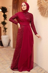  Plus Size Claret Red Hijab Evening Dress 56180BR - 1