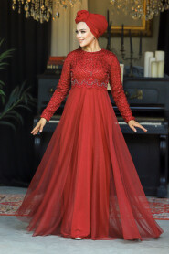  Plus Size Claret Red Hijab Engagement Dress 9160BR - 1