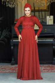  Plus Size Claret Red Hijab Engagement Dress 9160BR - 2