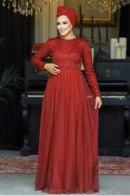  Plus Size Claret Red Hijab Engagement Dress 9160BR - 3