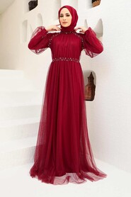 Neva Style - Plus Size Claret Red Islamic Clothing Engagement Dress 9170BR - Thumbnail