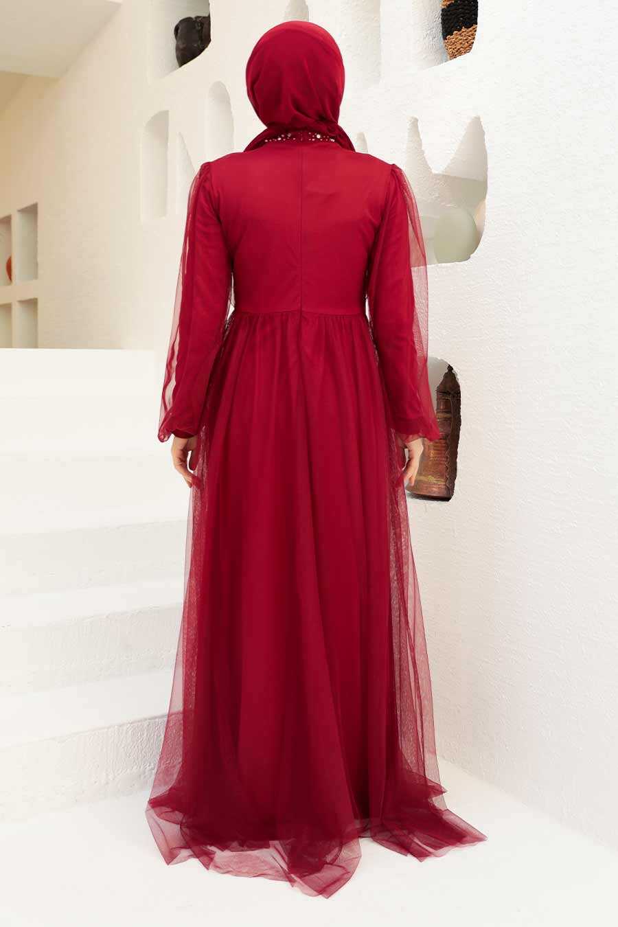 Neva Style - Plus Size Claret Red Islamic Clothing Engagement Dress 9170BR