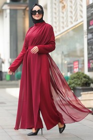 Claret Red Hijab Evening Jumpsuit 51182BR - 3