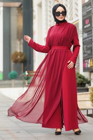 Claret Red Hijab Evening Jumpsuit 51182BR - 1