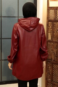 Claret Red Hijab Faux Leather Cap 50204BR - 2