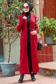 Claret Red Hijab Knitwear Cardigan 15725BR - 1