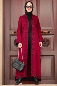 Claret Red Hijab Knitwear Cardigan 3063BR - 2