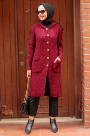 Claret Red Hijab Knitwear Cardigan 4011BR - 2