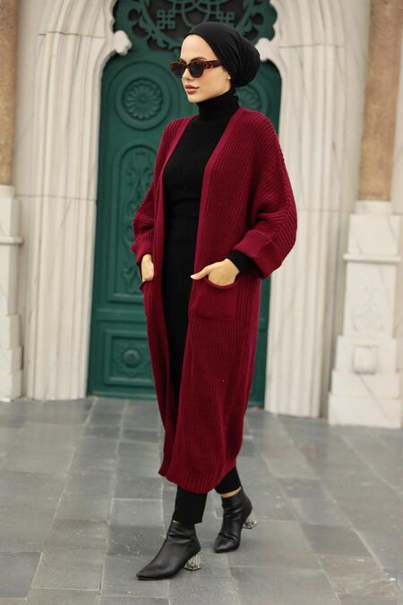 Claret Red Hijab Knitwear Cardigan 4182BR - NEVA STYLE