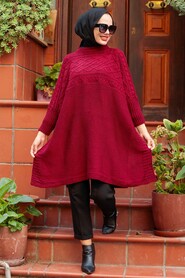 Claret Red Hijab Knitwear Poncho 3245BR - 2