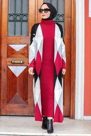 Claret Red Hijab Knitwear Suit Dress 3181BR - 1