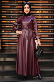 Claret Red Hijab Leather Dress 52050BR - 1