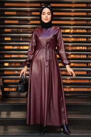 Claret Red Hijab Leather Dress 52050BR - 2