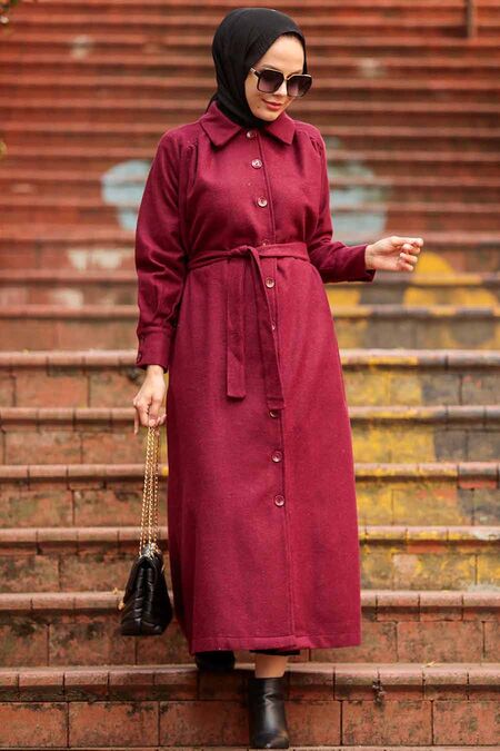 Claret Red Hijab Stamp Coat 4554BR - NEVA STYLE