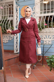  Claret Red Hijab Trench Coat 5942BR - 1