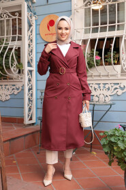  Claret Red Hijab Trench Coat 5942BR - 2