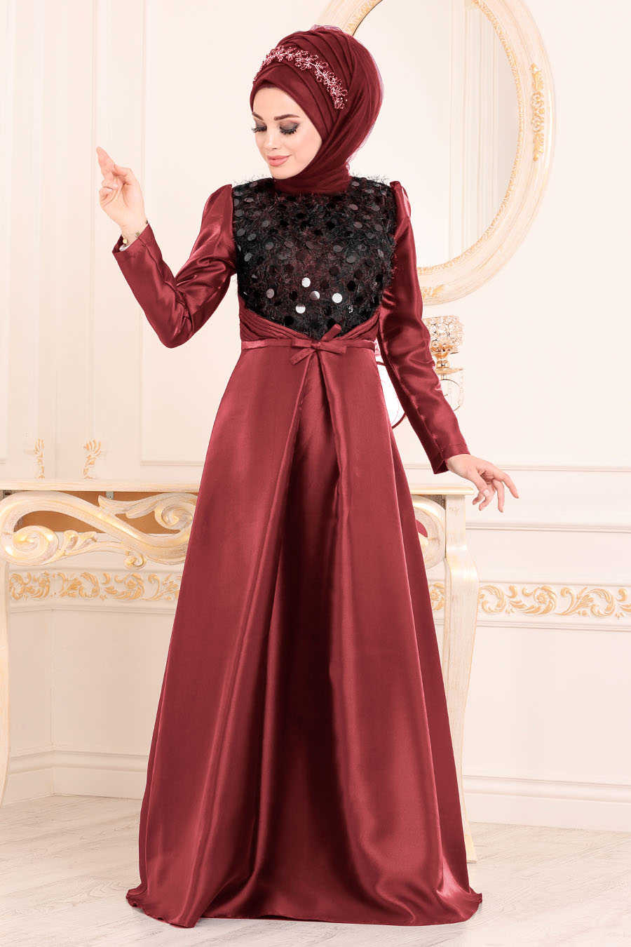 Neva Style - Stylish Claret Red Modest Islamic Clothing Wedding Dress 3755BR