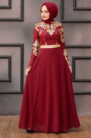 Claret Red Hijab Evening Dress 75790BR - 1