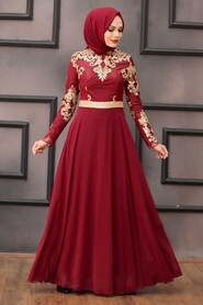 Claret Red Hijab Evening Dress 75790BR - 2