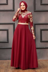 Claret Red Hijab Evening Dress 75790BR - 3