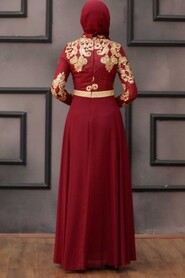 Claret Red Hijab Evening Dress 75790BR - 4