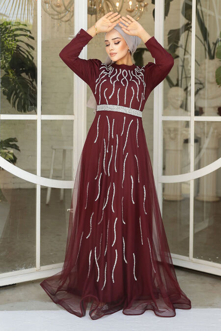Claret Red Modest Bridesmaid Dress 51912BR - NEVA STYLE