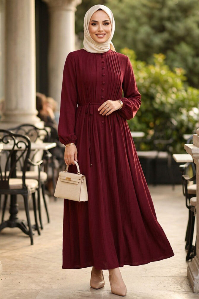 Claret Red Modest Dress 10320BR - 