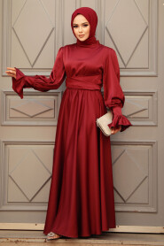 Claret Red Satin Modest Evening Gown 5983BR - 2