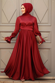 Claret Red Satin Modest Evening Gown 5983BR - 1