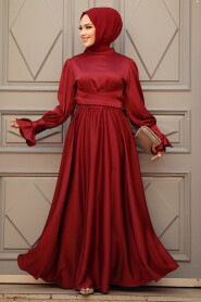 Claret Red Satin Modest Evening Gown 5983BR - 3