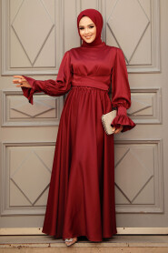 Claret Red Satin Modest Evening Gown 5983BR - 4