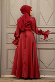 Claret Red Satin Modest Evening Gown 5983BR - 5