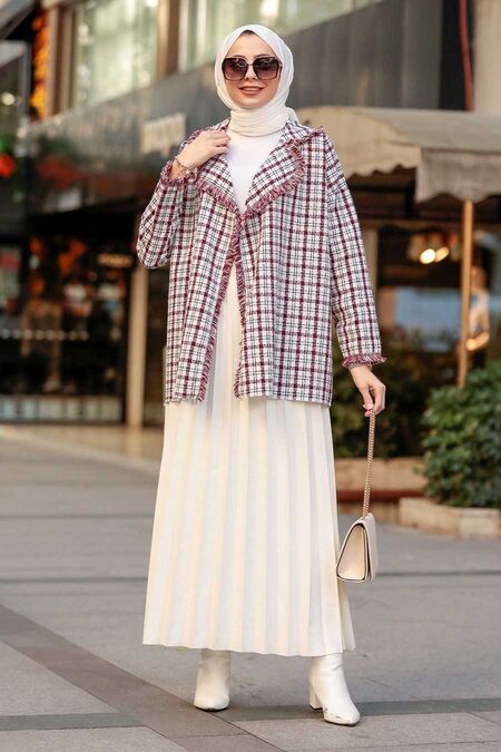 Claret Red Tweed Hijab Blazer Jacket 1557BR - NEVA STYLE