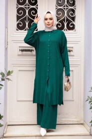 Collared Emerald Green Knit Modest Two-Piece Set 34181ZY - 3