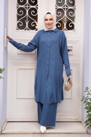 Collared Indigo Blue Knit Modest Two-Piece Set 34181IM - 1