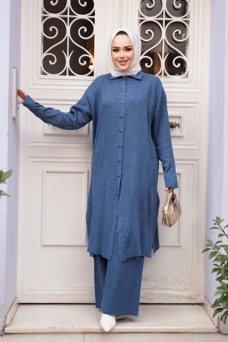 Collared Indigo Blue Knit Modest Two-Piece Set 34181IM - NEVA STYLE