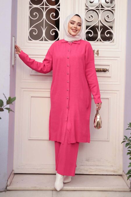 Collared Pomegranate Red Knit Modest Two-Piece Set 34181NC - NEVA STYLE