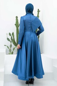  Satin İndigo Blue Islamic Clothing Wedding Dress 22183IM - 2