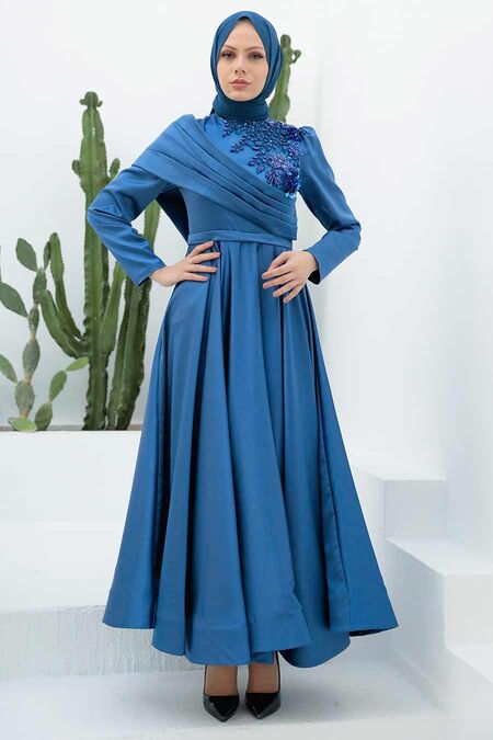  Satin İndigo Blue Islamic Clothing Wedding Dress 22183IM - NEVA STYLE