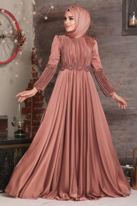 Copper Color Hijab Evening Dress 2170BKR - Neva-style.com
