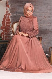 Copper Color Hijab Evening Dress 2170BKR - 3