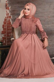 Copper Color Hijab Evening Dress 2170BKR - 2