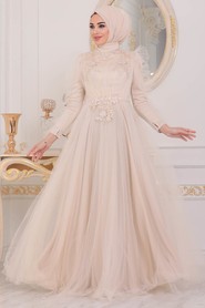 Cream Hijab Evening Dress 40781KR - 2