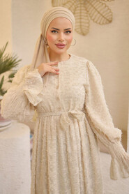 Cream Modest Dress 14091KR - Thumbnail