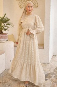 Cream Modest Dress 14091KR - Thumbnail