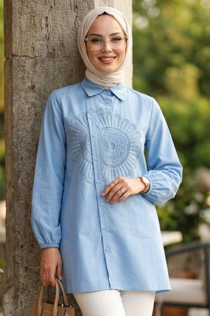 Lace Pattern Detailed Blue Modest Tunic 50381M - 