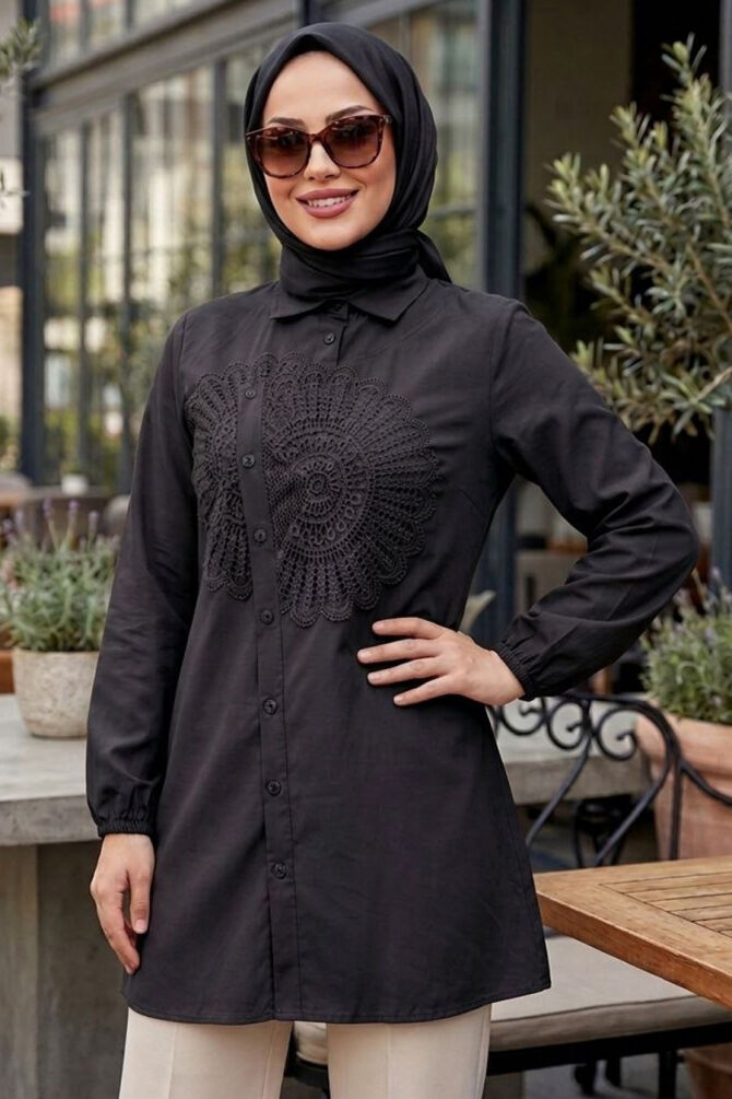 Lace Pattern Detailed Black Modest Tunic 50381S - 