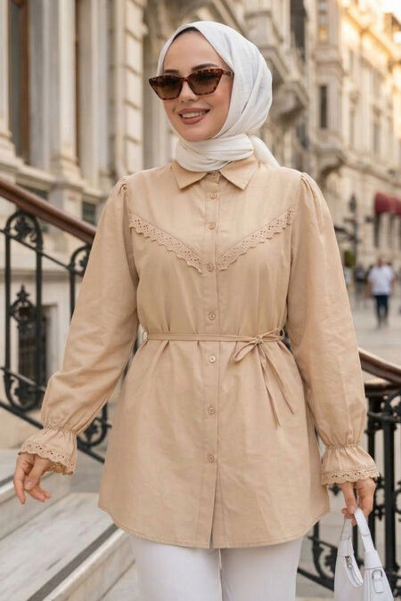 Lace Detail Beige Modest Tunic 30341BEJ - 