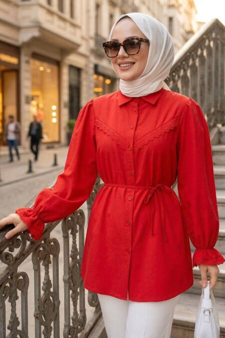 Lace Detail Red Modest Tunic 30341K - 