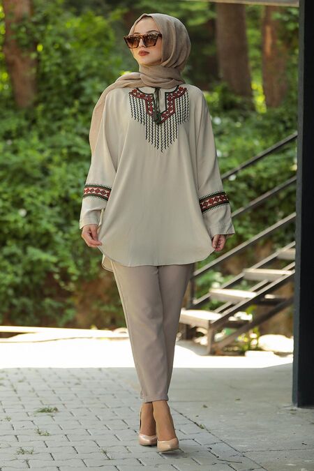 Dark Beige Hijab Poncho 236BEJ - NEVA STYLE